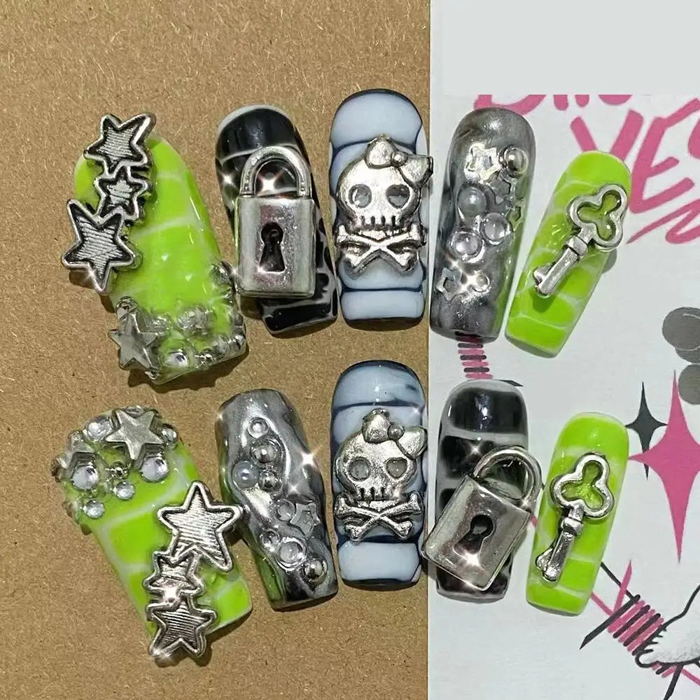 Sanrio Hello Kitty Y2K Nail Cartoon Punk Long Square Handmade Fake Nails Leopard Print Five-Pointed Star Diamond Detachable Nail
