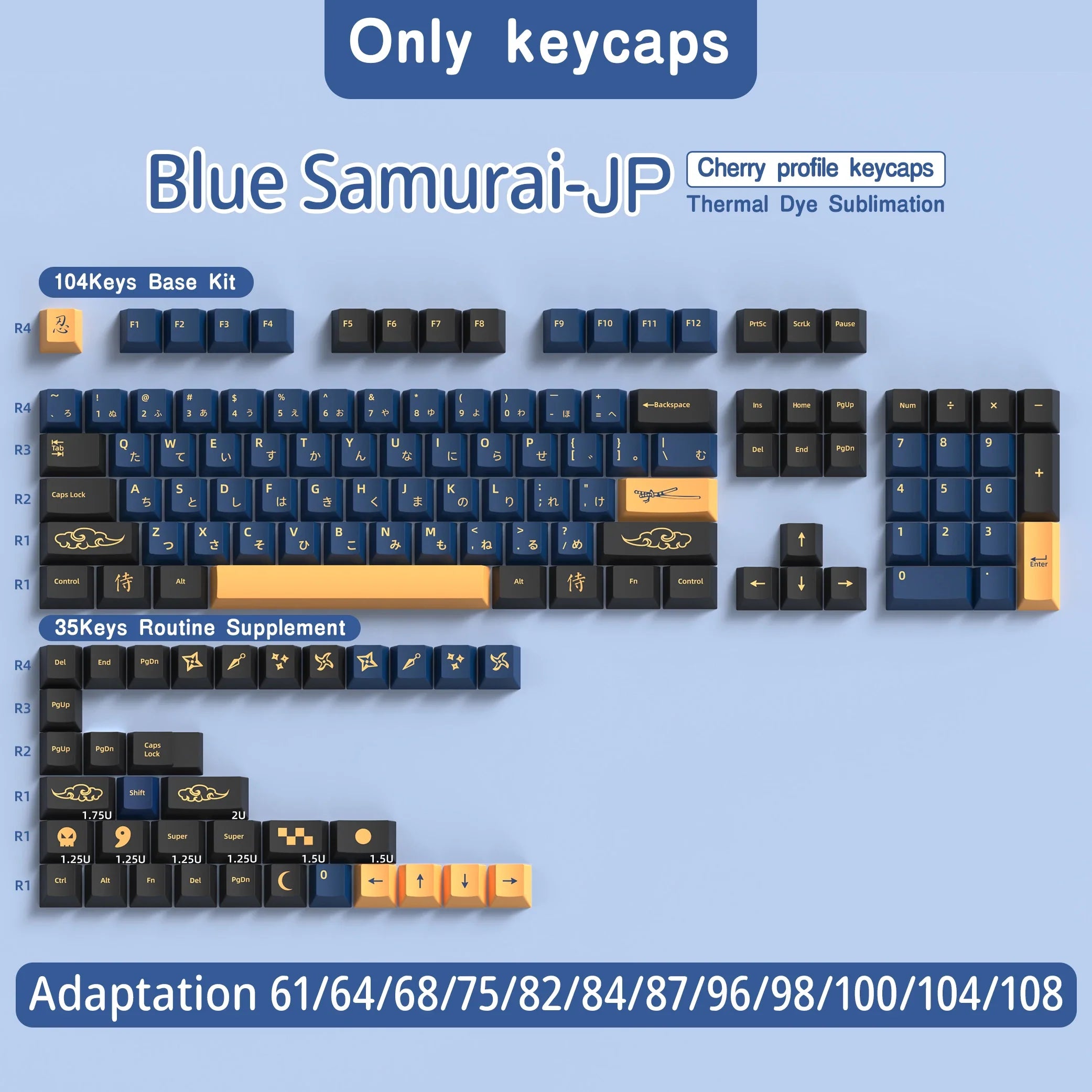 Blue Samurai Keycaps Japanese/Korean/Russian/German/Spanish/French PBT Keycap Cherry Profile for GMK Custom Mechanical Keyboard