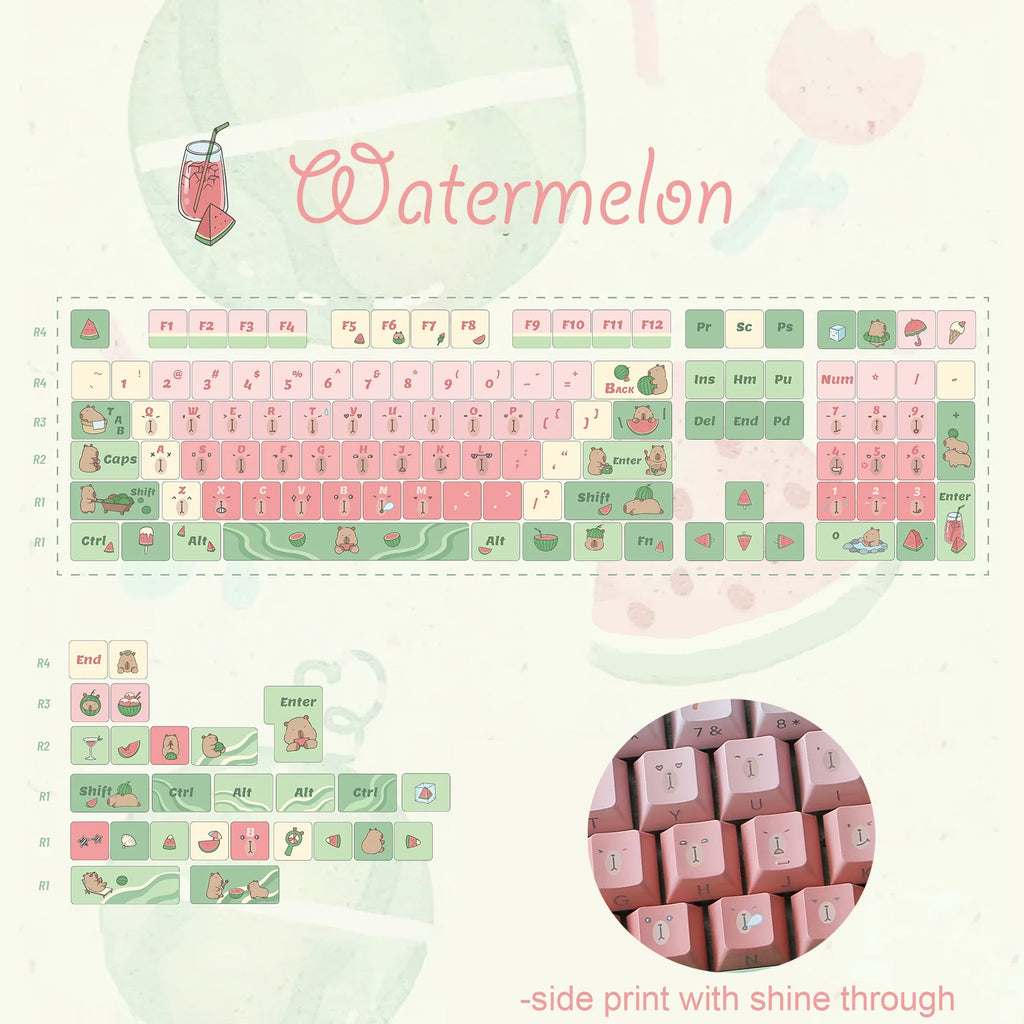 Capybara Watermelon MOA Profile Keycaps 131 Keys 5 Sides Dye Sub PBT Keycaps for Gateron Cherry MX Switches Mechanical Keyboards