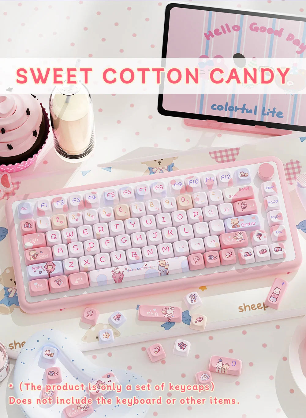 Sweet Cotton Candy Themed Keycaps 112/120key Mca Profile Pbt Thermal Sublimation Mechanical Keyboard Cartoon Pink Anime Keycaps
