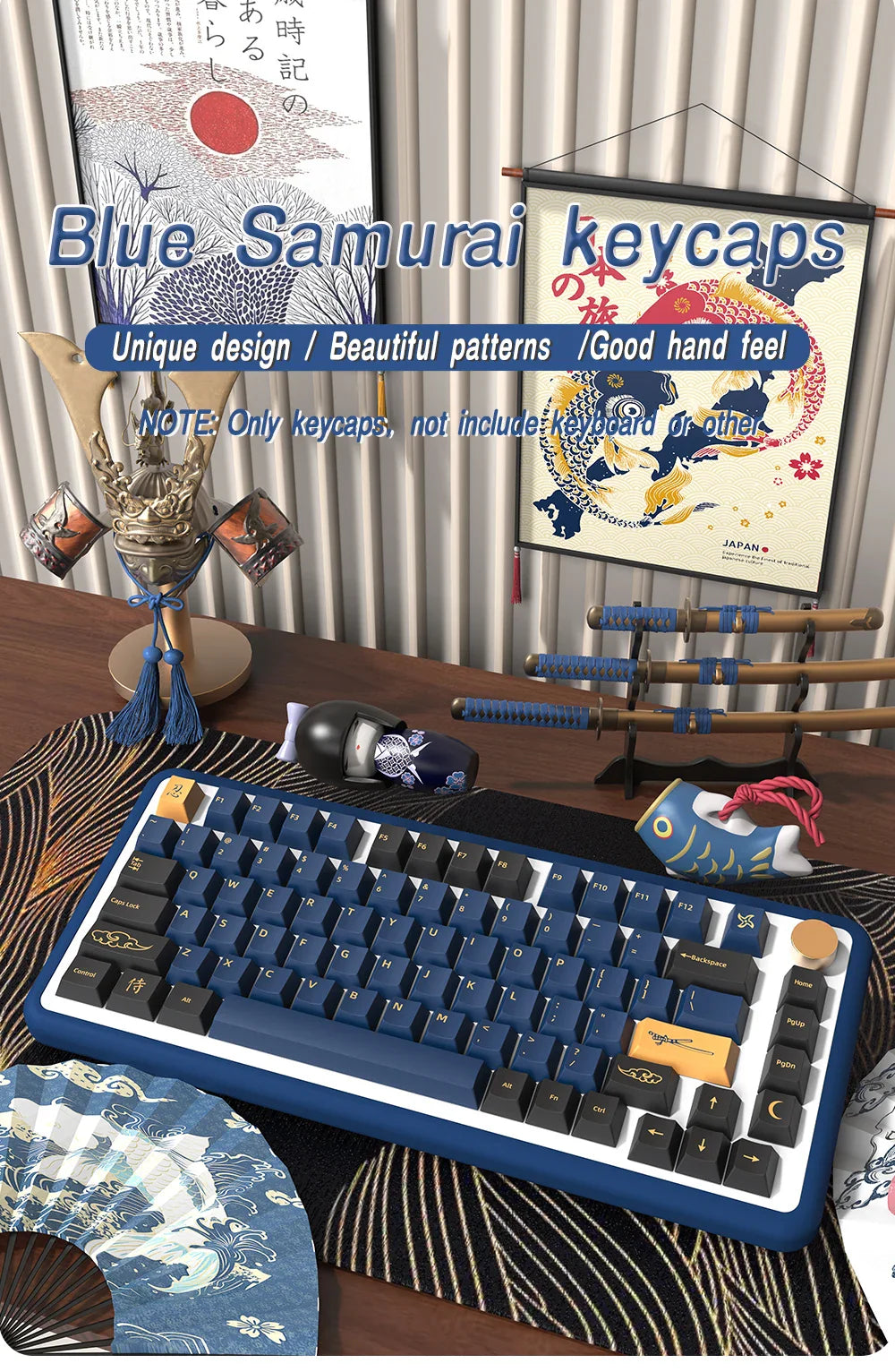 Blue Samurai Keycaps Japanese/Korean/Russian/German/Spanish/French PBT Keycap Cherry Profile for GMK Custom Mechanical Keyboard