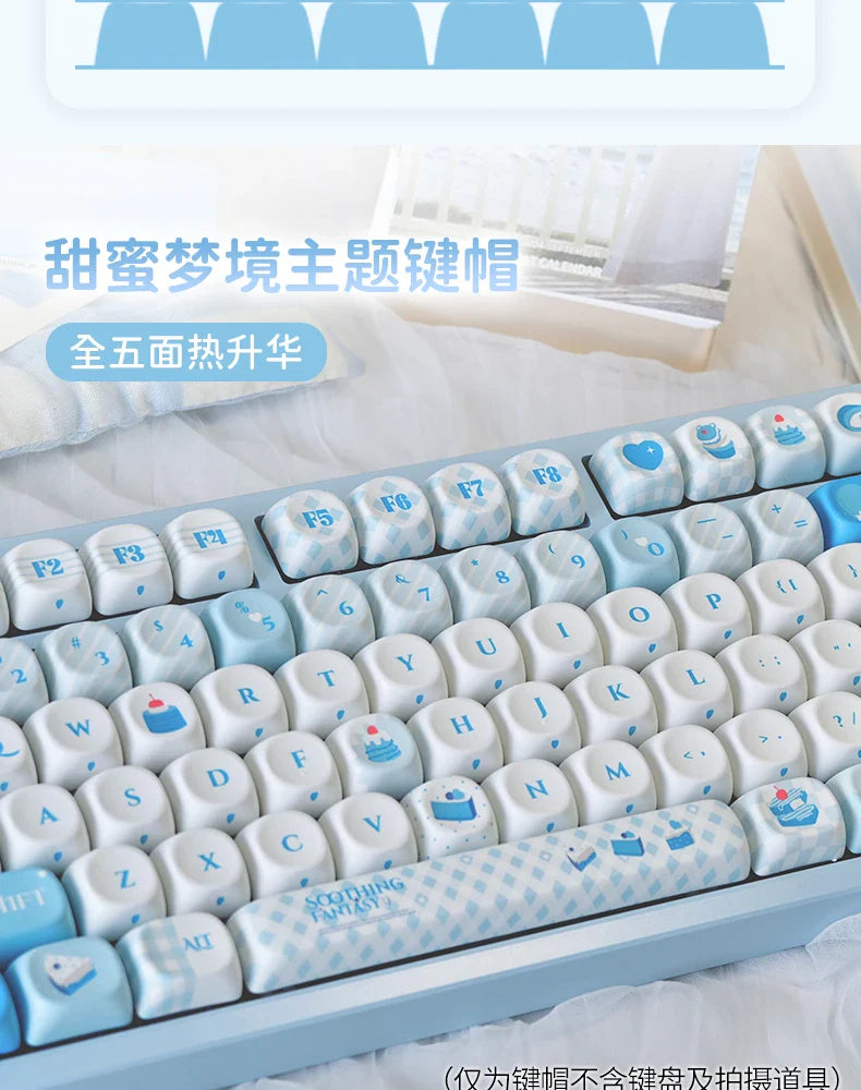 Sweet Dream Keycaps New Moa Pbt Sublimation Cute Blue Cute Round Alice Layout Keycaps L-Shaped Enter Key 2.25/2.75/7U Space Bar