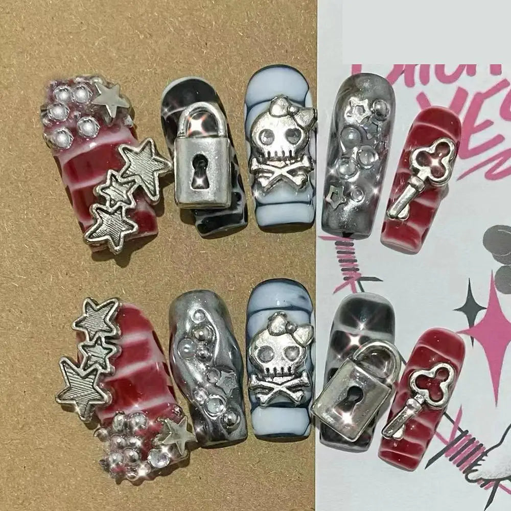 Sanrio Hello Kitty Y2K Nail Cartoon Punk Long Square Handmade Fake Nails Leopard Print Five-Pointed Star Diamond Detachable Nail