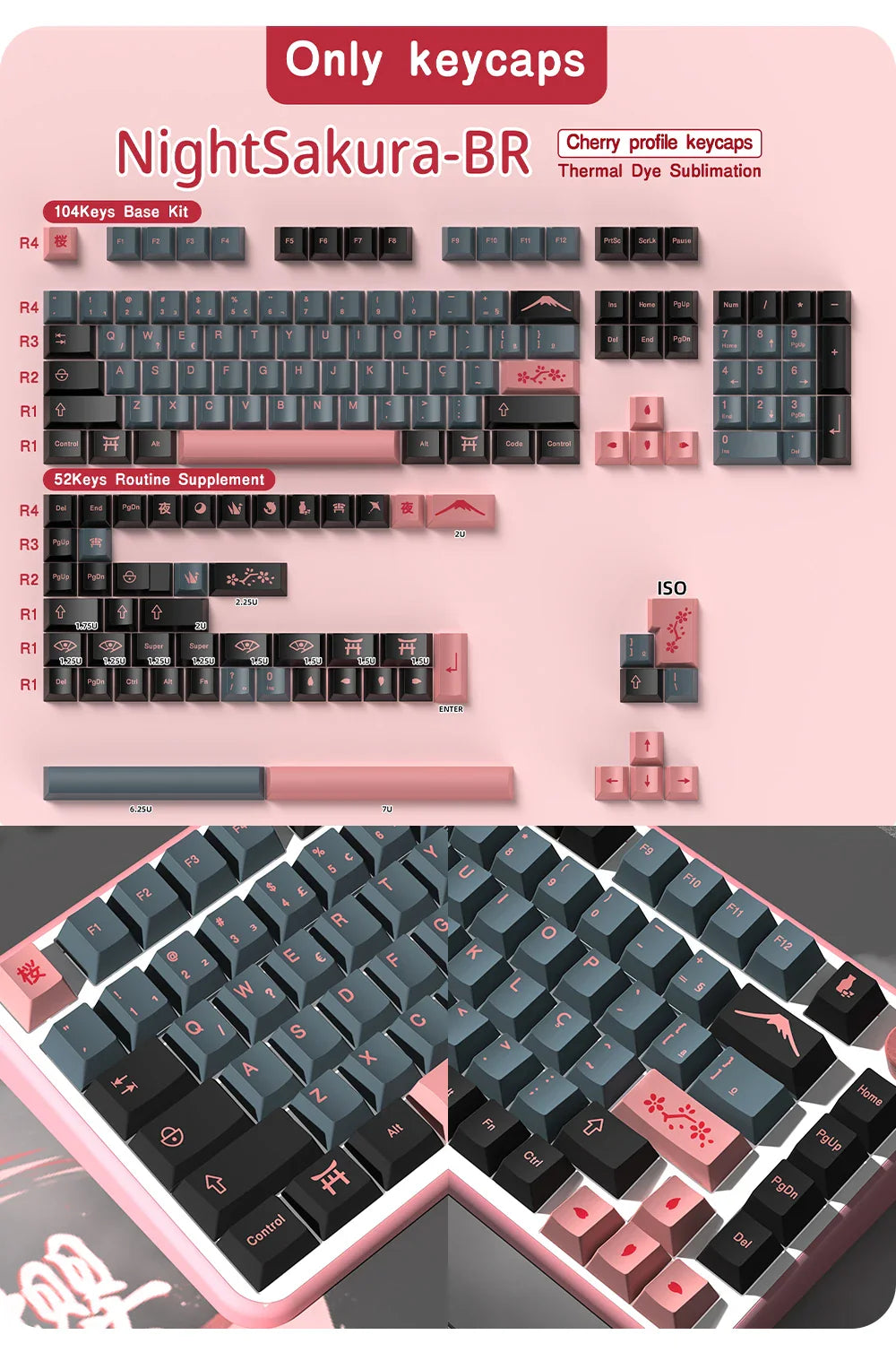 Abnt2 Keycaps Cherry Profile PBT Dye-Sub BR Keycaps Monster Red Samurai Blue Samurai For Mechanical Keyboard 7U Space bar
