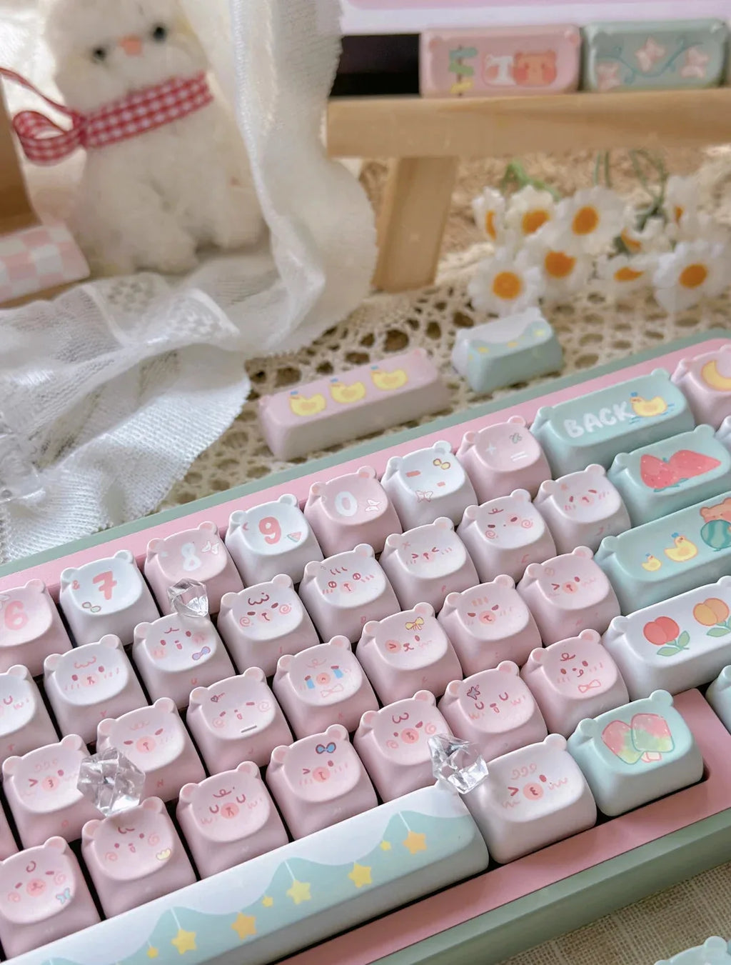 Cute Kawaii Bear Keycap EAO Pink Purple Expression Pbt For Diy Mechanical Keyboard Side Engraved Iso/Ansi Layout Cute Cat Keycap