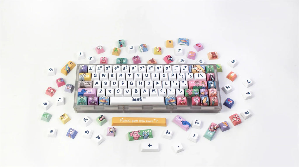 Kjeow Sea Wave Theme Keycaps PBT HM XDA Profile Cartoon Surfer 123 Keys Dye-Sublimation for Custom Mechanical Gaming Keyboard