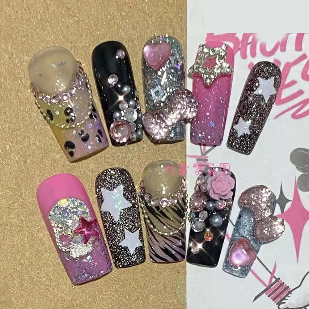 Sanrio Hello Kitty Y2K Nail Cartoon Punk Long Square Handmade Fake Nails Leopard Print Five-Pointed Star Diamond Detachable Nail