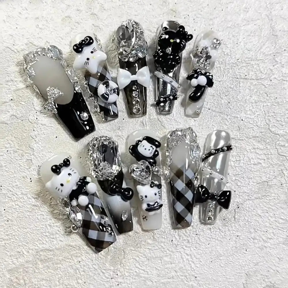 Cute Handmade Long Coffin Shape Fake Nail Kawaii Sanrio Hello Kitty Cinnamoroll Kuromi My Melody Detachable Nail Holiday Gift