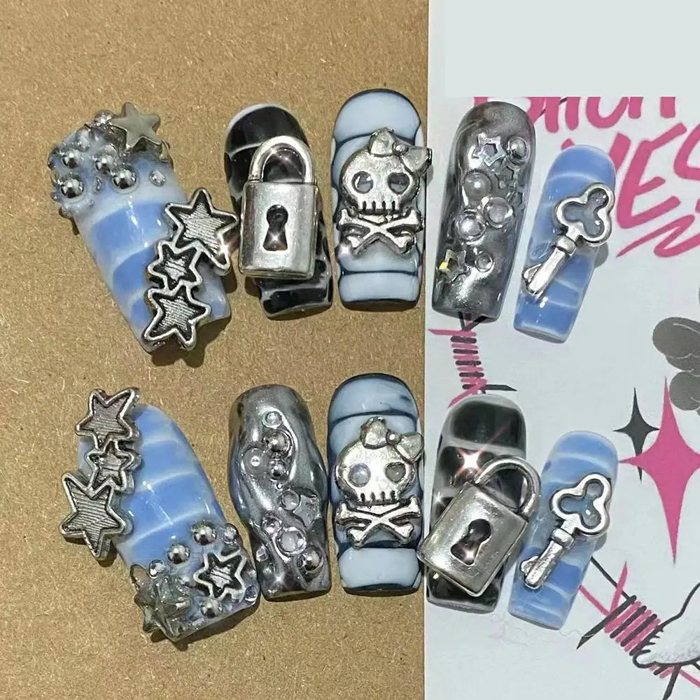 Sanrio Hello Kitty Y2K Nail Cartoon Punk Long Square Handmade Fake Nails Leopard Print Five-Pointed Star Diamond Detachable Nail