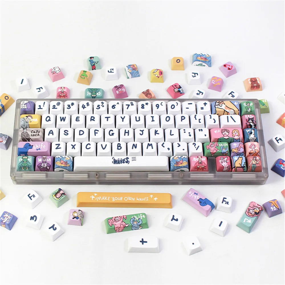 Kjeow Sea Wave Theme Keycaps PBT HM XDA Profile Cartoon Surfer 123 Keys Dye-Sublimation for Custom Mechanical Gaming Keyboard