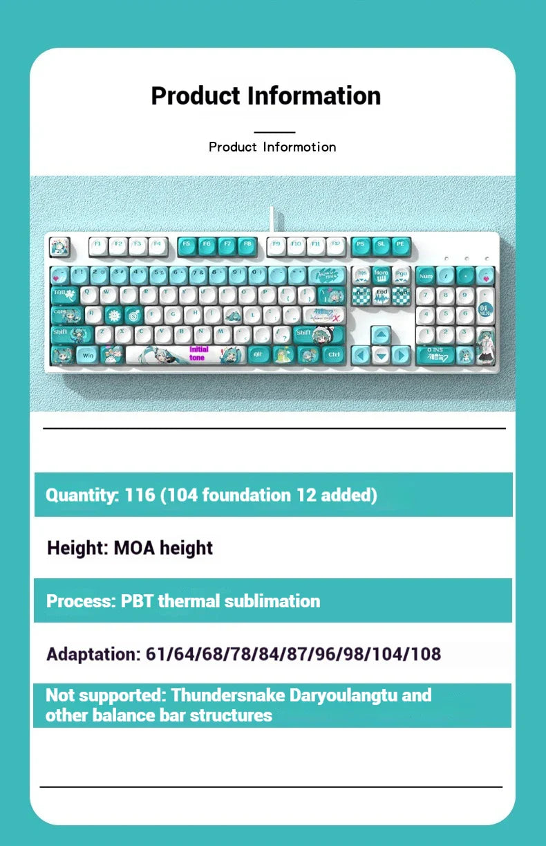 Miku Anime Theme Keycap 120keymoa Hight Pbt Heat Sublimation Personality Creative Customization Mechanical Keyboard Ke Ycap