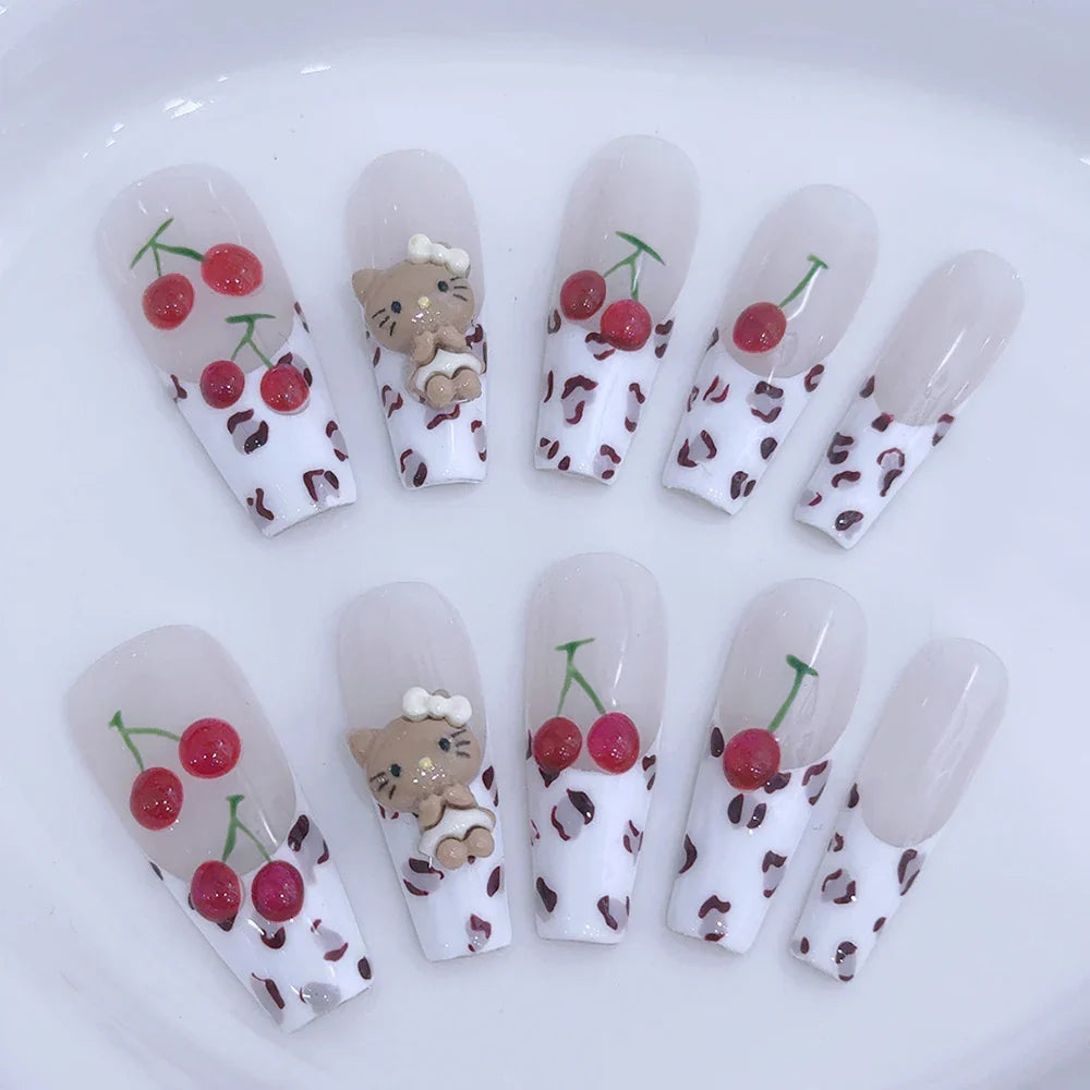 Sanrio Handmade French Press On Nails Hellokitty White Rose Cherry Girl Wearable Nail Tips Long Coffin Square Fake Nails Gift