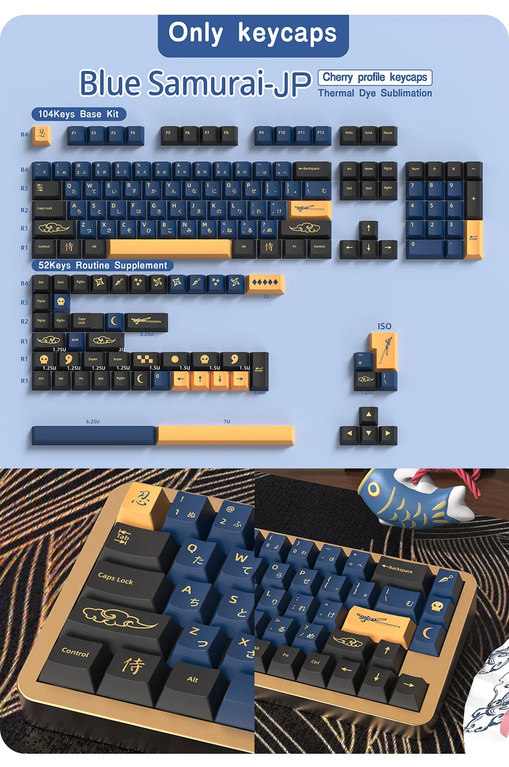 Blue Samurai Keycaps Japanese/Korean/Russian/German/Spanish/French PBT Keycap Cherry Profile for GMK Custom Mechanical Keyboard