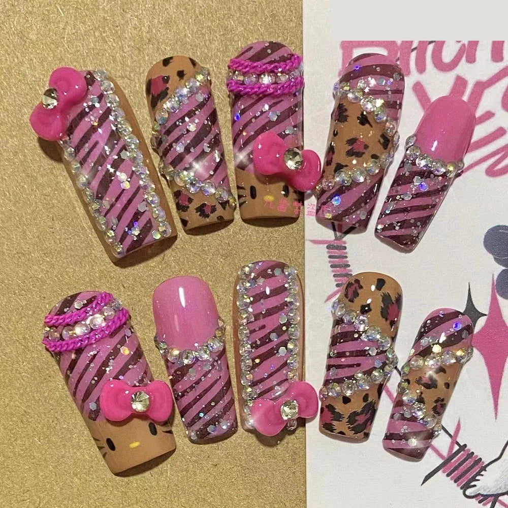 Sanrio Hello Kitty Y2K Nail Cartoon Punk Long Square Handmade Fake Nails Leopard Print Five-Pointed Star Diamond Detachable Nail