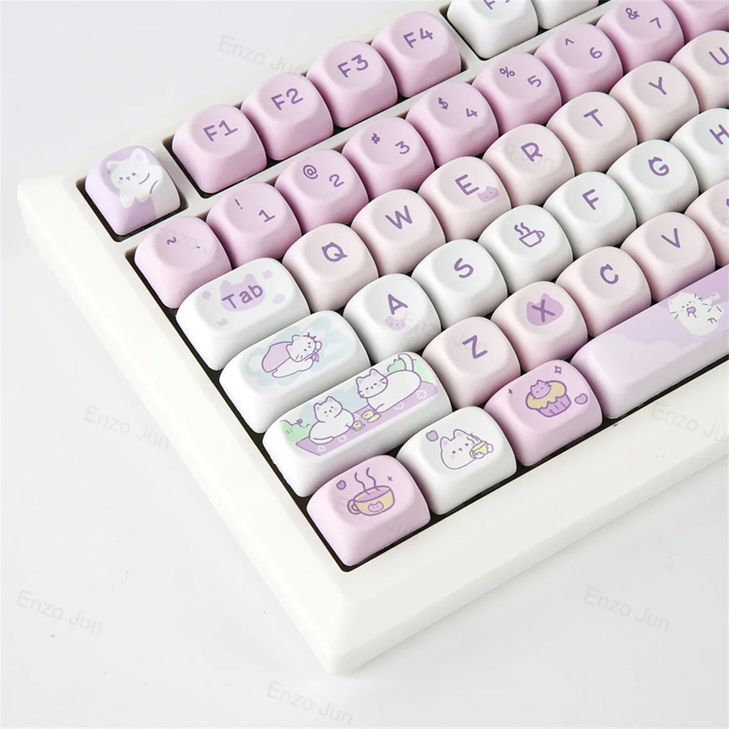 132 Keys Dye Sublimation PBT Keycaps Purple Cute Cat Themed MOT Profile Keycap for Gateron MOA MX Switches Mechanical Keyboard