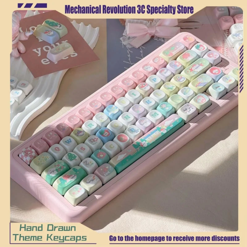 New 131 Key Cute Hand Drawn Theme Keycaps Xoa Profile Pbt Material Thermal Sublimation  Mechanical Gaming Keyboard Key Caps Gift