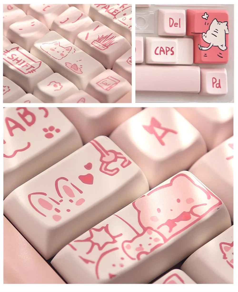 66/146 Keys MDA Profile Pink Cute Cat Keycaps For Gaming Mechanical Keyboard Mx Switch PBT Sublimation Customized DIY Key Caps