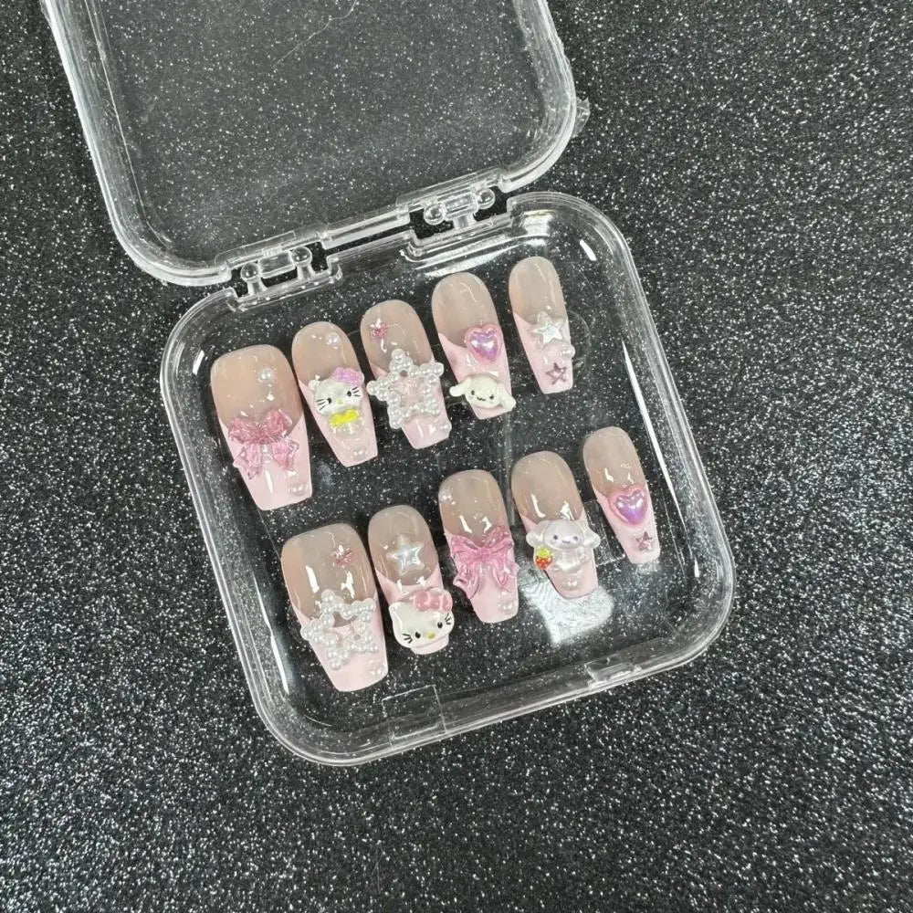 Cute 2024 Coffee Brown 3D Handmade Nail Art Sanrio Hello Kitty French Long Coffin Shape Star Kitty Full Coverage Removable Nails