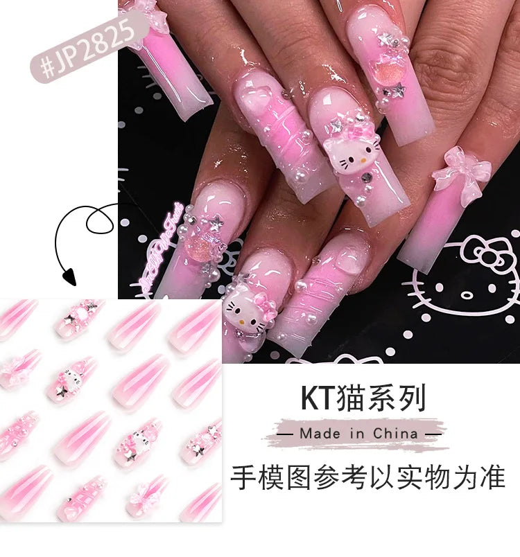 HelloKitty Press on False Nail Sanrio Accessories Y2k Kawaii Cartoon Design Fake Nails Long Detachable Manicure Girls Gift