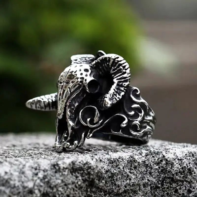 Devil Ram Horns Skull Open Ring for Men's Retro Satanic Cross Religious Amulet Jewelry