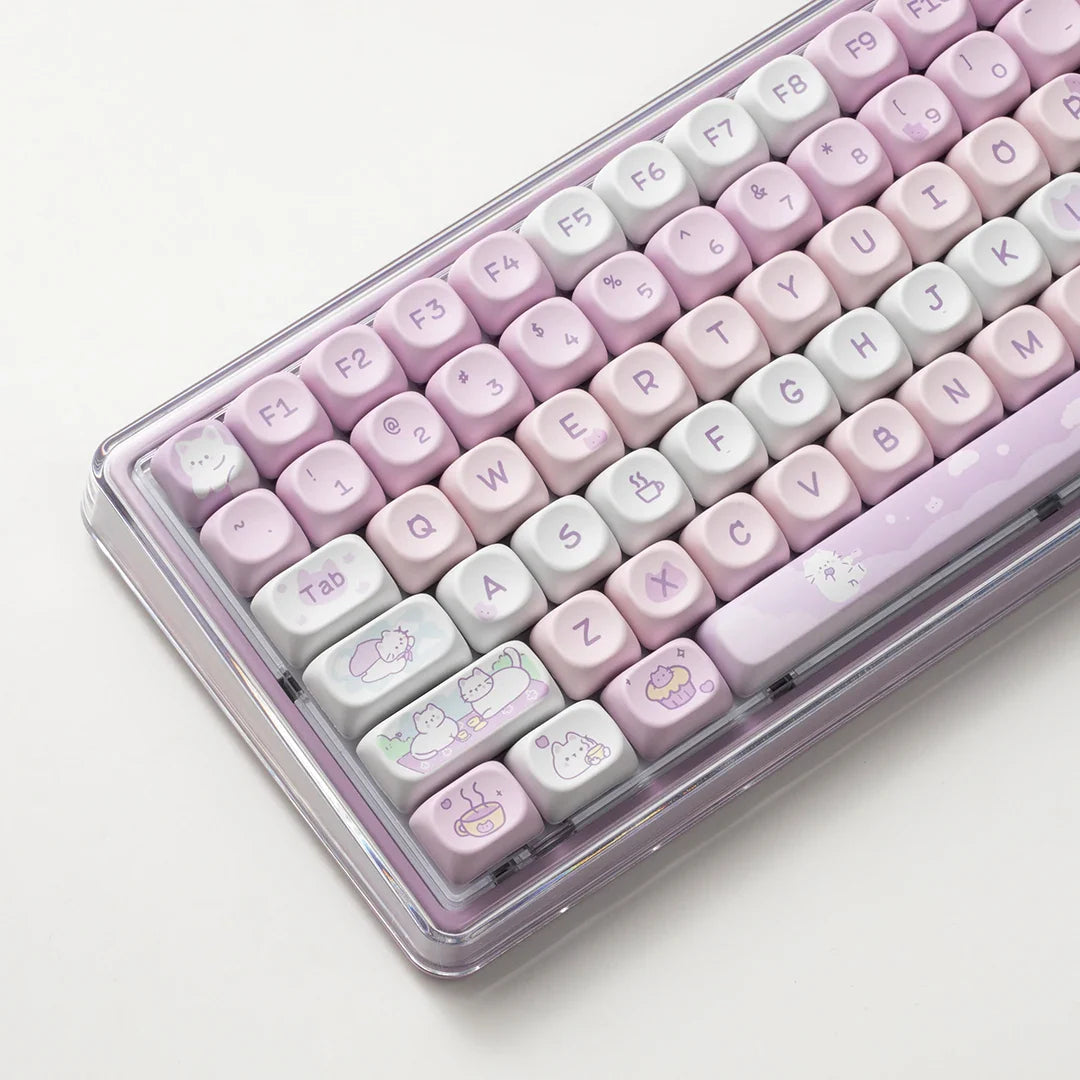 Cat Afternoon Tea Theme Purple Keycap 132 Keys MOA Height PBT Five-sided Sublimation Cute Keycaps for Mechanical Keyboard