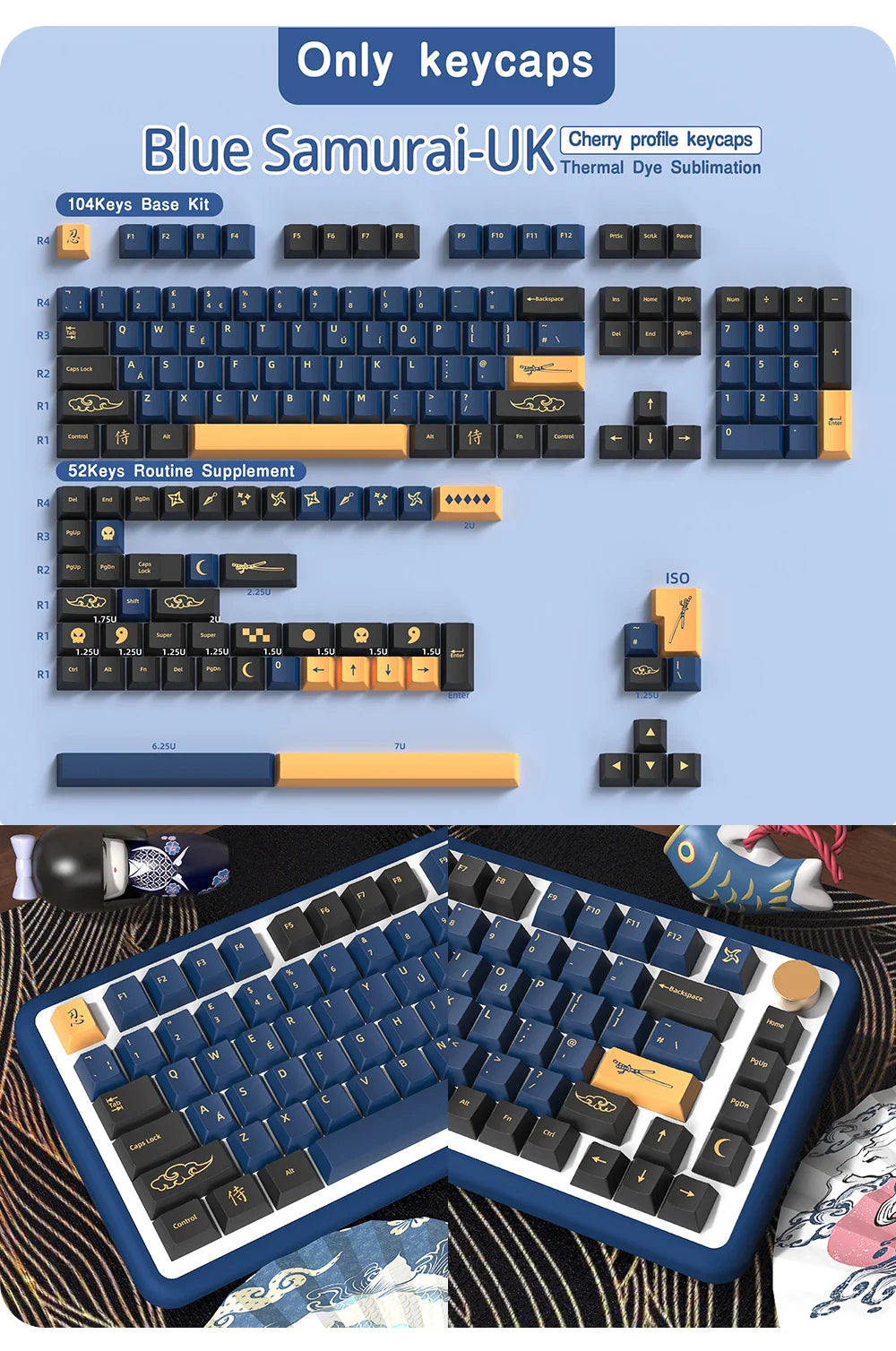 Blue Samurai Keycaps Japanese/Korean/Russian/German/Spanish/French PBT Keycap Cherry Profile for GMK Custom Mechanical Keyboard