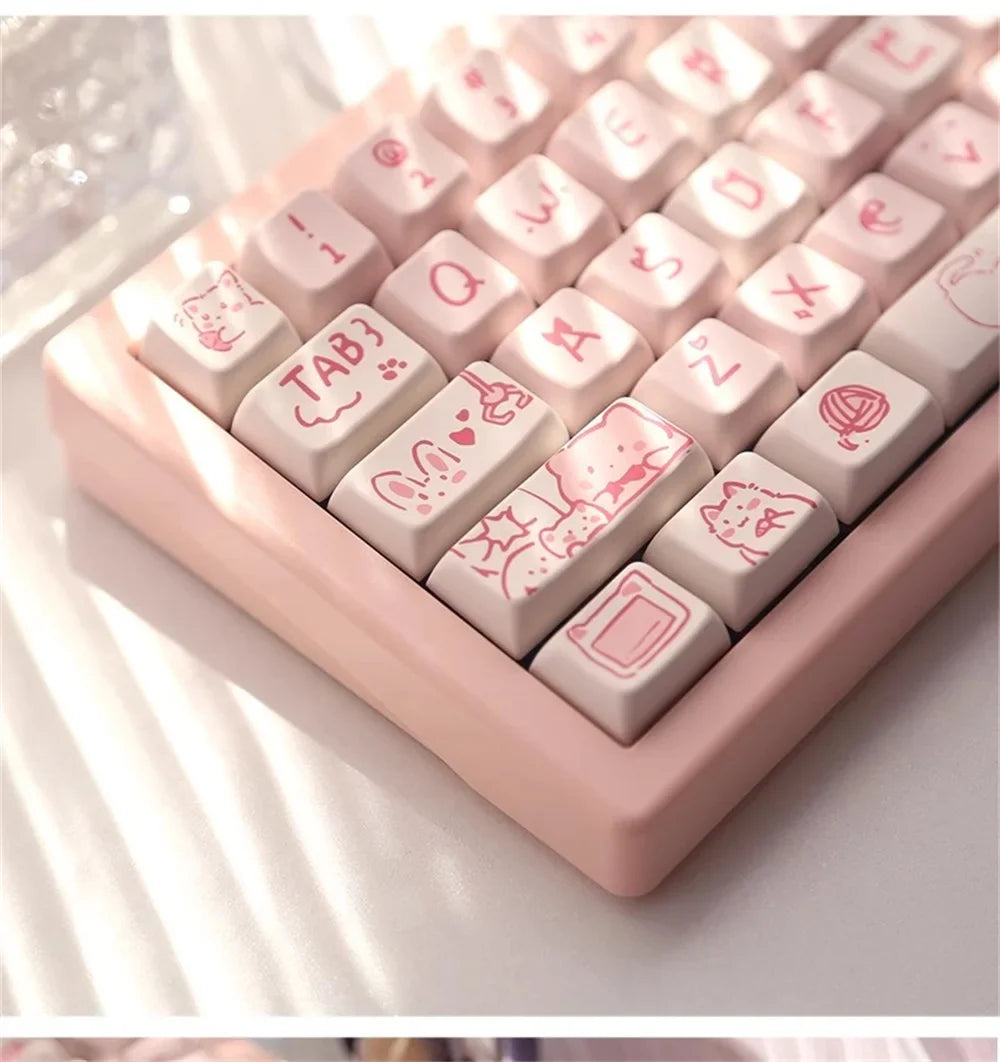 66/146 Keys MDA Profile Pink Cute Cat Keycaps For Gaming Mechanical Keyboard Mx Switch PBT Sublimation Customized DIY Key Caps