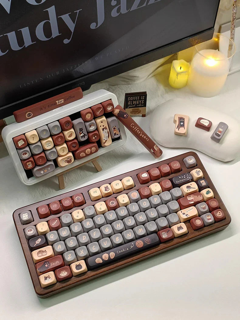 Cute Musk Cat Cafe Theme Keycaps Set PBT Cherry Profile MOA Custom Original Handmade Keycaps for Mechanical Keyboard Accessories
