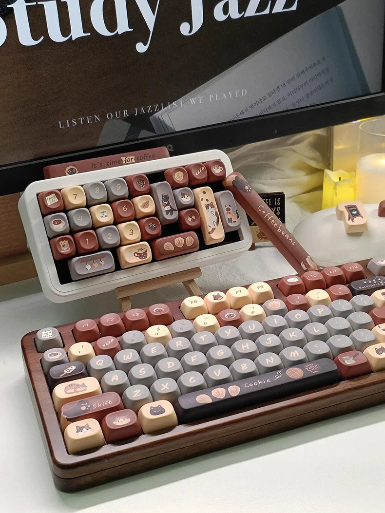 Cute Musk Cat Cafe Theme Keycaps Set PBT Cherry Profile MOA Custom Original Handmade Keycaps for Mechanical Keyboard Accessories