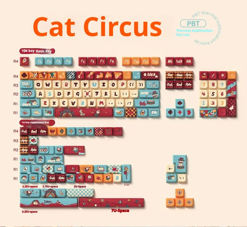 Cat Circus Theme Keypad 138/158key Mda Cherry Profile Pbt Hot Sublimation Mechanical Keyboard Animation Peripheral Game Keycap