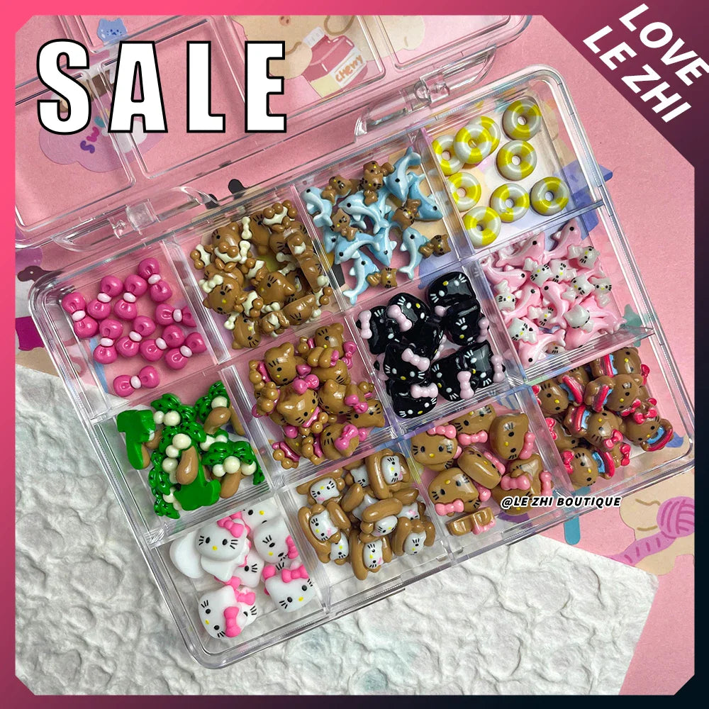 Boxed 120Pcs Kawaii Black Skin Sanrio Hello Kitty Nails Art Charms Accessories 3D Beach Bow Dolphin Resin Nails Decor Promotion