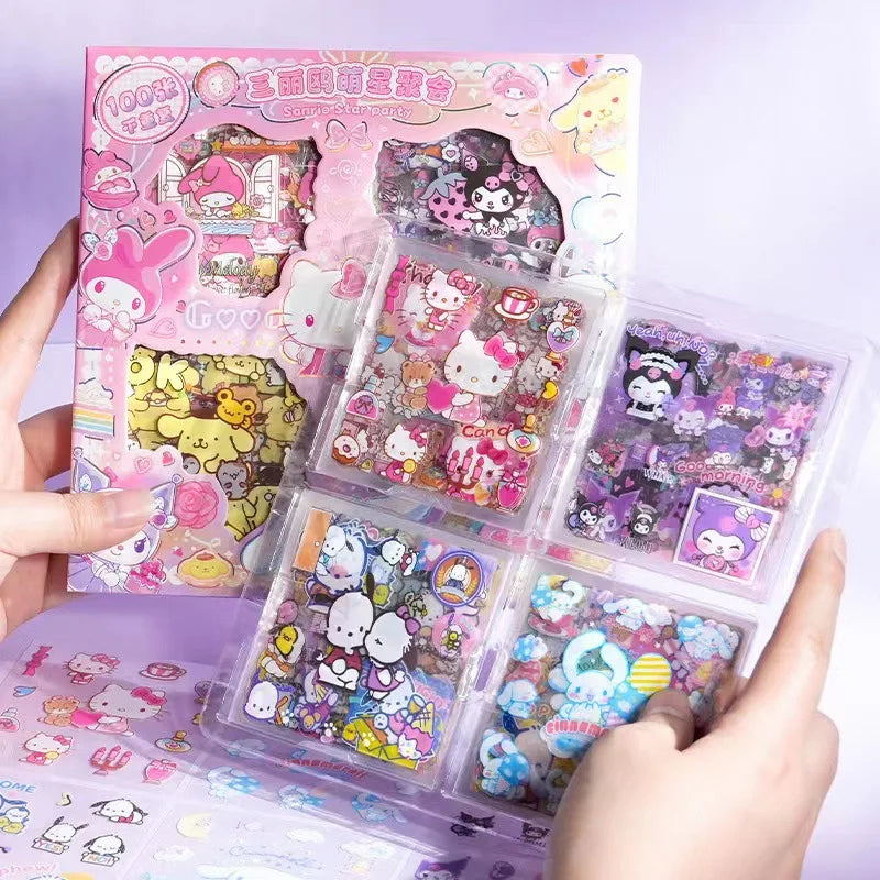 Hello Kitty Sanrio Non repeating 100 piece Sticker Set Cinnamoroll Kuromi Waterproof Stationery Sticker Gift Box Holiday Gift
