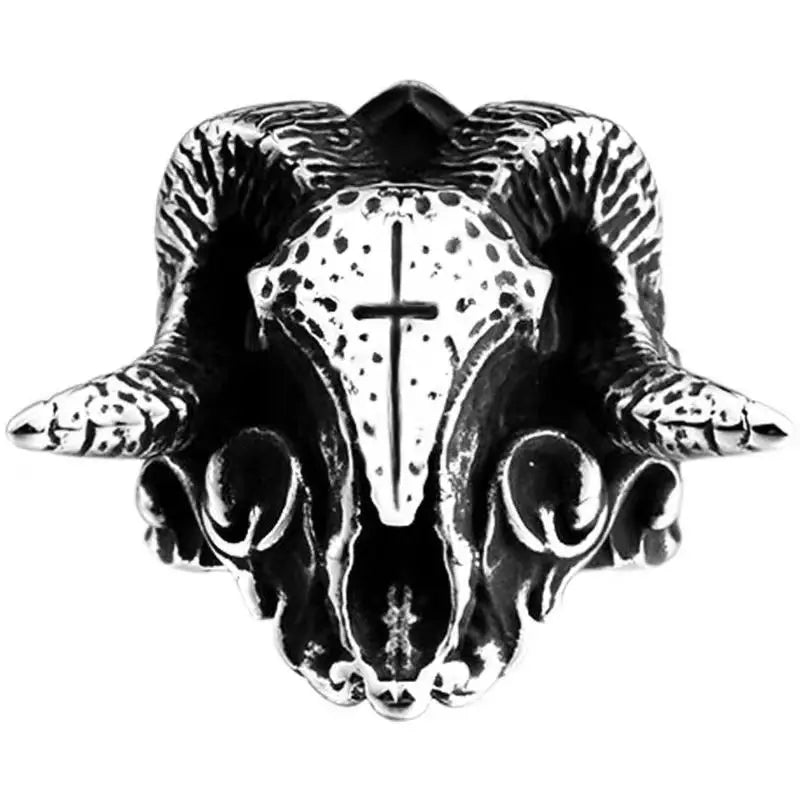 Devil Ram Horns Skull Open Ring for Men's Retro Satanic Cross Religious Amulet Jewelry