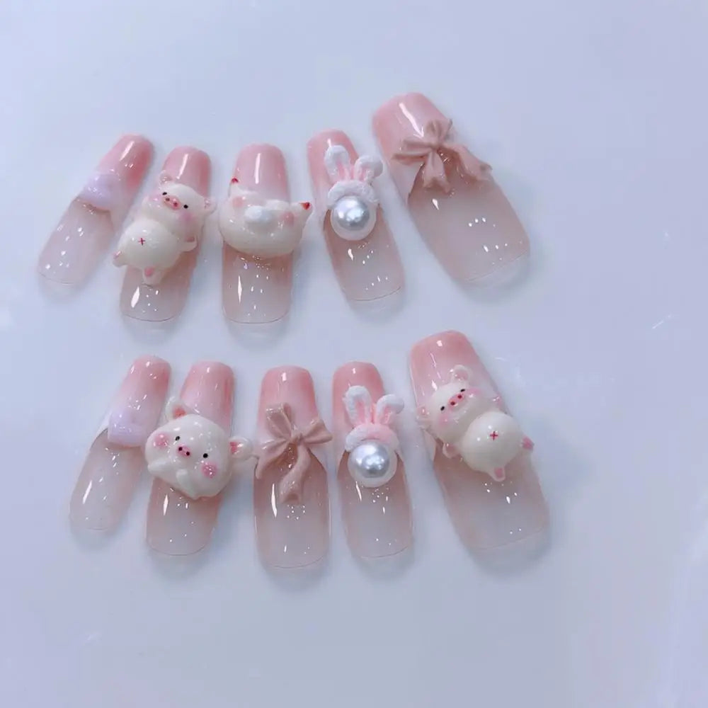 10Pcs Cute 3D Hello Kitty Kuromi Cartoon Handmade Nail Art Fashion Bow Luxury Diamond Detachable Full Cover Nails Holiday Gift