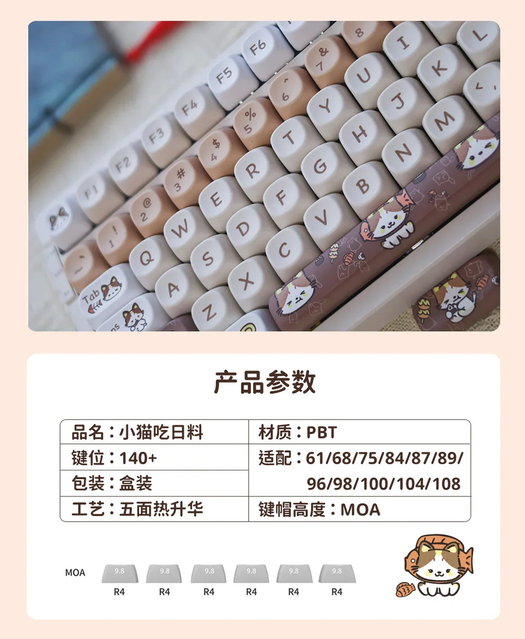 Cats Eat Japanese Food Keycaps Custom PBT MOA Profile Key Cap Cute Dye Sublimation Cartoon Anime Point Keycap Gaming Keyboard