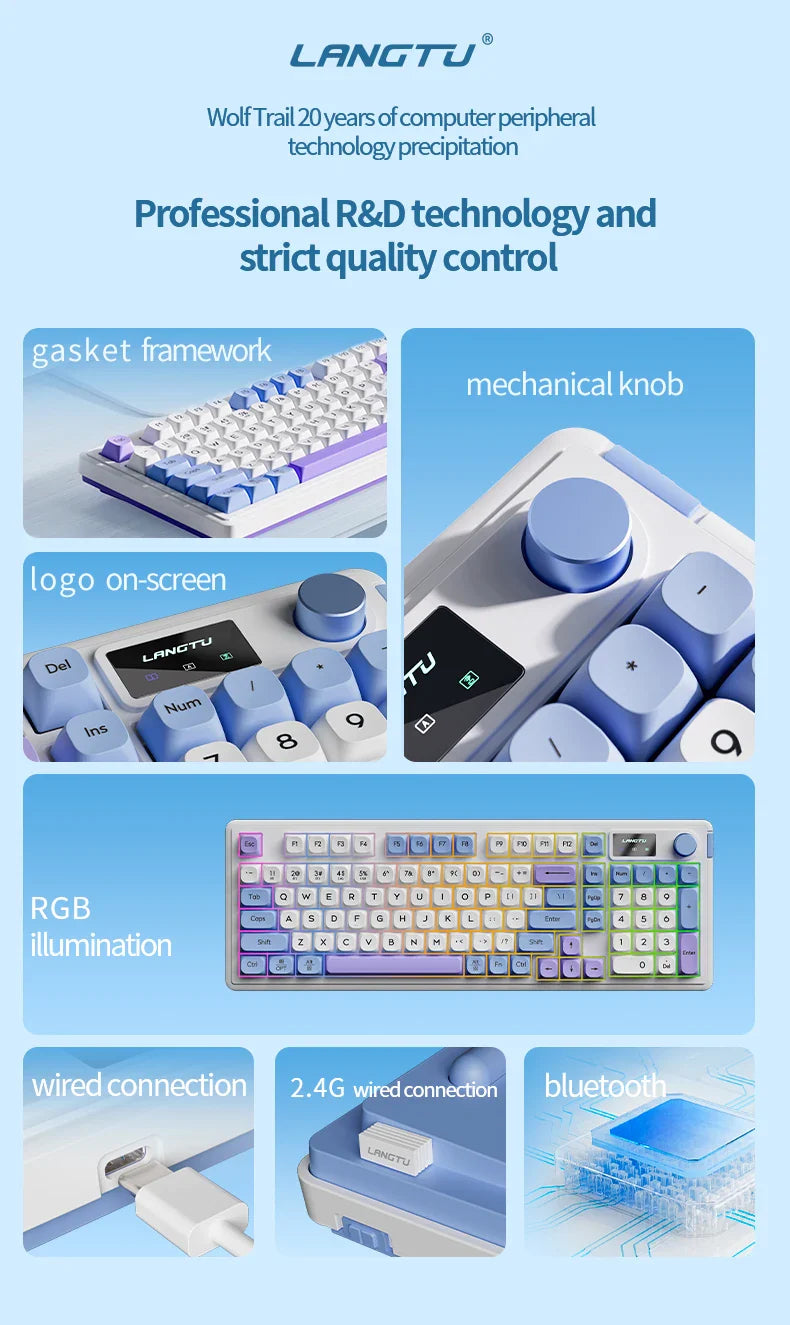 LANGTU L98 Membrane Keyboard Tri-mode Wireless Gasket Structure RGB Multifunctional Knob Customized Gaming Keyboard Pc Accessory