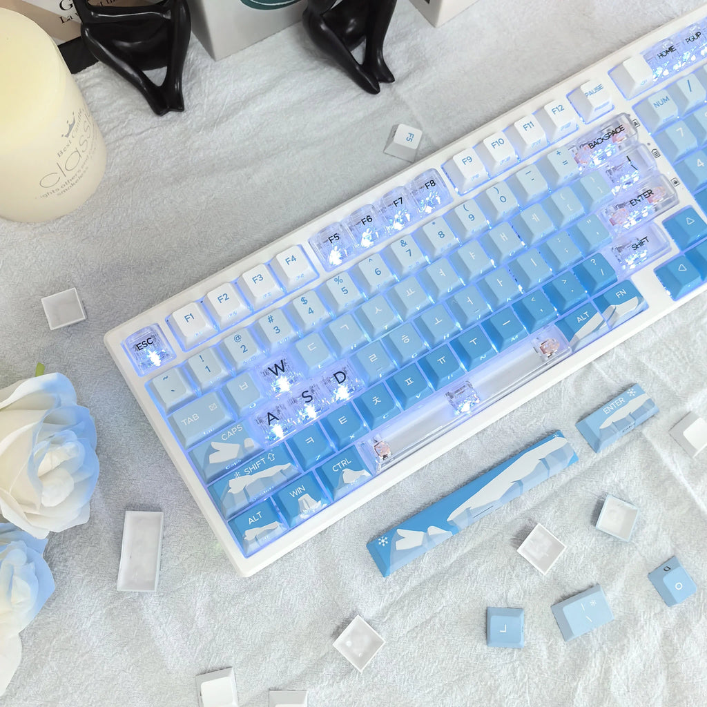 Korean Glacier Side-Engraved Translucent Keycaps OEM PBT Sublimation 122-Key DIY Fresh Gradient Blue White KR/korean Keycaps