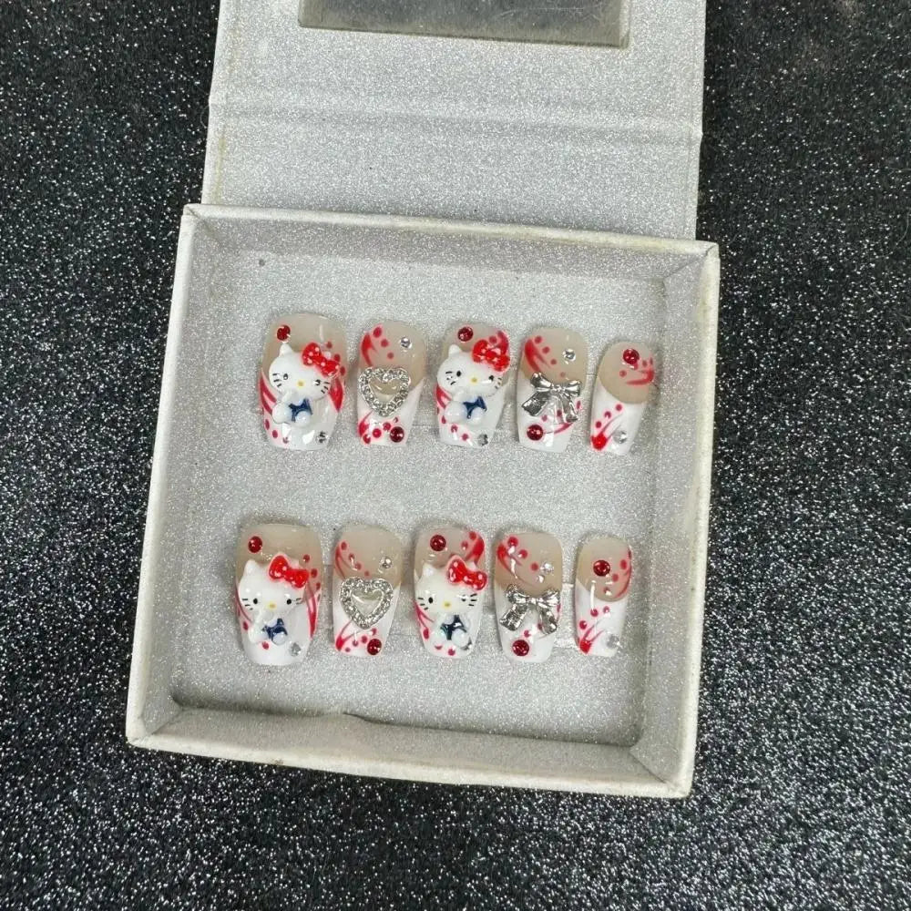Cute 2024 Coffee Brown 3D Handmade Nail Art Sanrio Hello Kitty French Long Coffin Shape Star Kitty Full Coverage Removable Nails