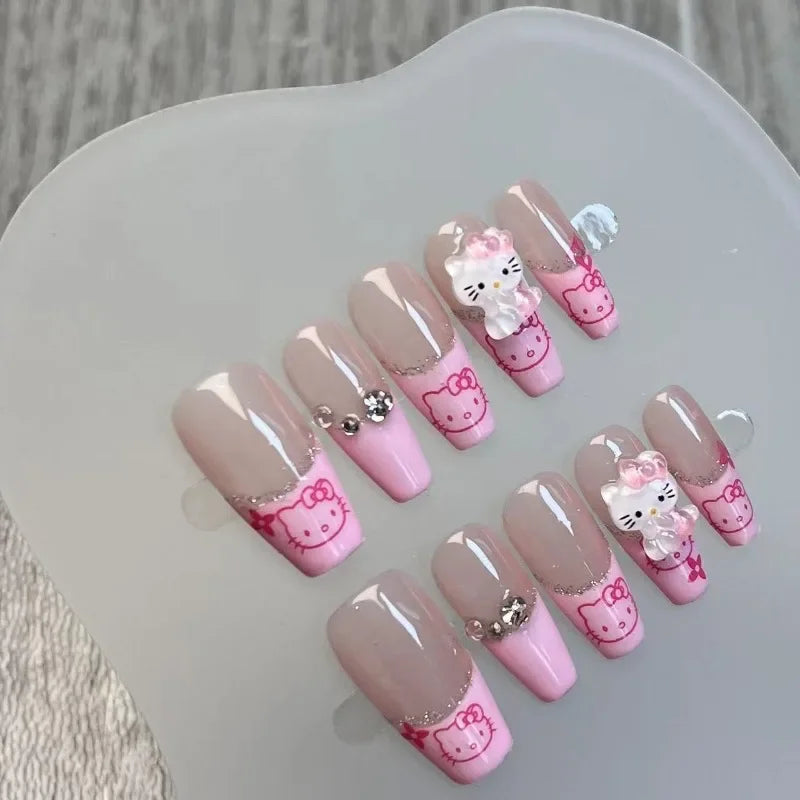 Pink Press on Acyrlic Nails Hellokitty Cute Stickers Handmade Nails French Designs Wearable Full Cover Coffin Kawaii Nail Arts