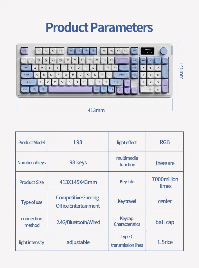LANGTU L98 Membrane Keyboard Tri-mode Wireless Gasket Structure RGB Multifunctional Knob Customized Gaming Keyboard Pc Accessory
