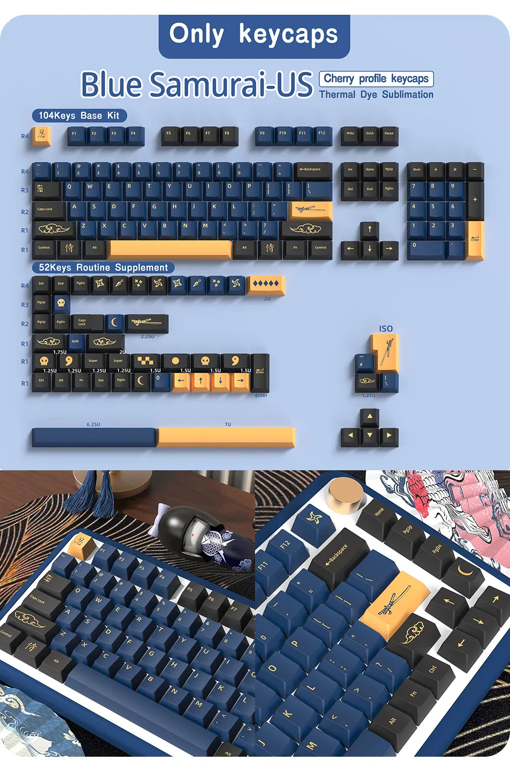 Blue Samurai Keycaps Japanese/Korean/Russian/German/Spanish/French PBT Keycap Cherry Profile for GMK Custom Mechanical Keyboard