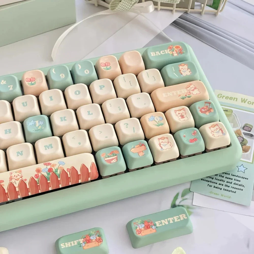 Cat Garden Keycap Set EOA Height PBT Five-Sided Sublimation Key Caps for  Mechanical Keyboard Flower Kitten Element Cute Keycaps
