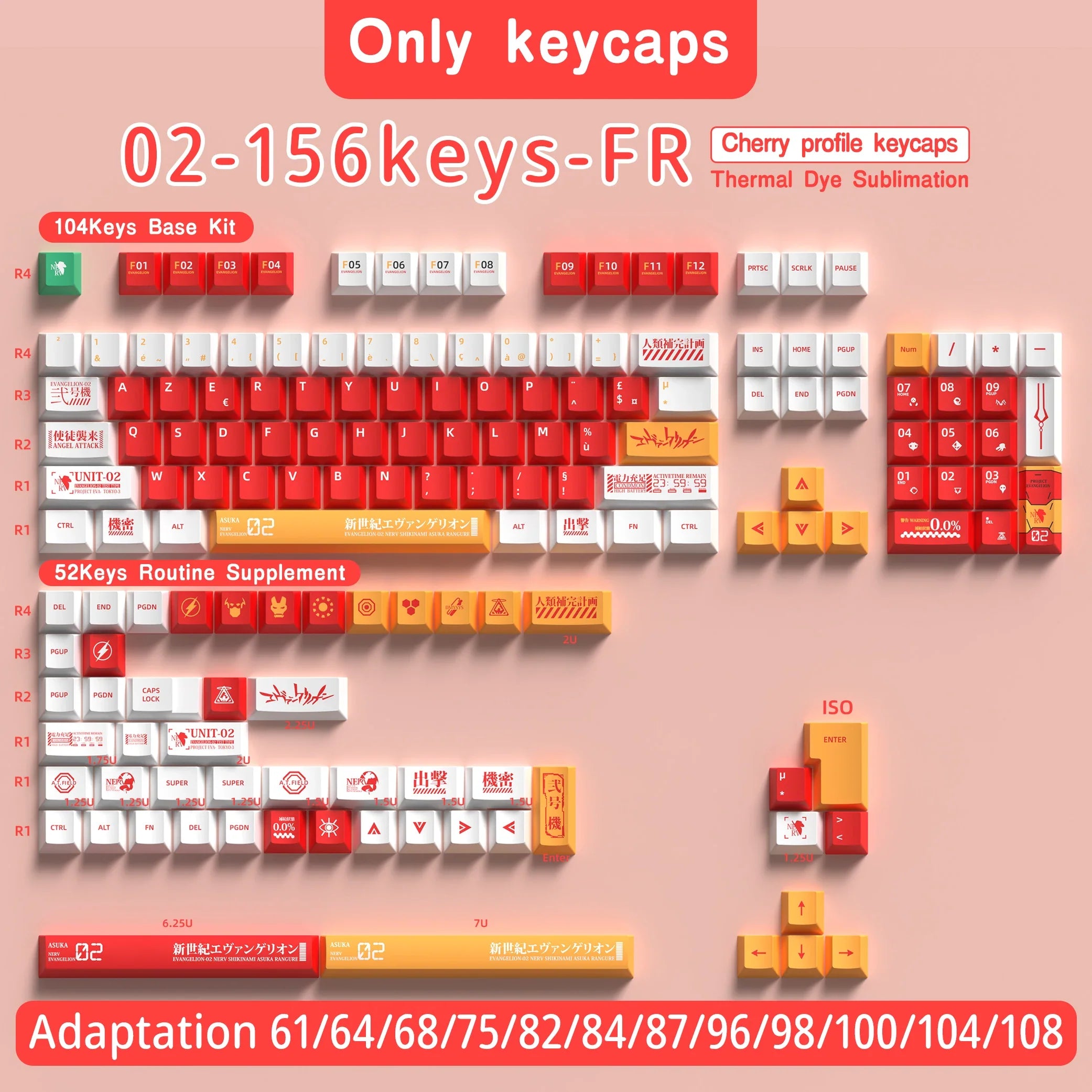 French Keycap 136-156 Keys BPT Cherry Profile FR Keycaps For French keyboard MX Mechanical Keyboard 7U Space Keys Hi75