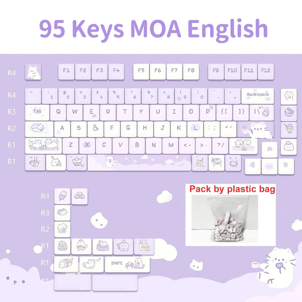 95/132 Keys Cute Cartoon Animals Theme Keycaps MAO Profile DIY PBT Dye Sublimation Key Caps for Mechanical Keyboard MX Switch