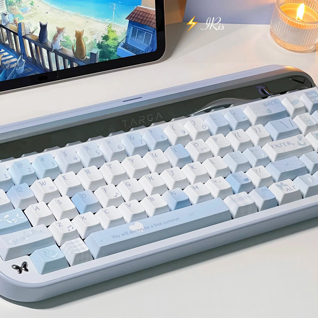 Blue Melody Keycap Set 132 Keys PBT Sublimation Cherry Profile Keycaps for DIY Mechanical Keyboard Small Fresh Summer Key Caps