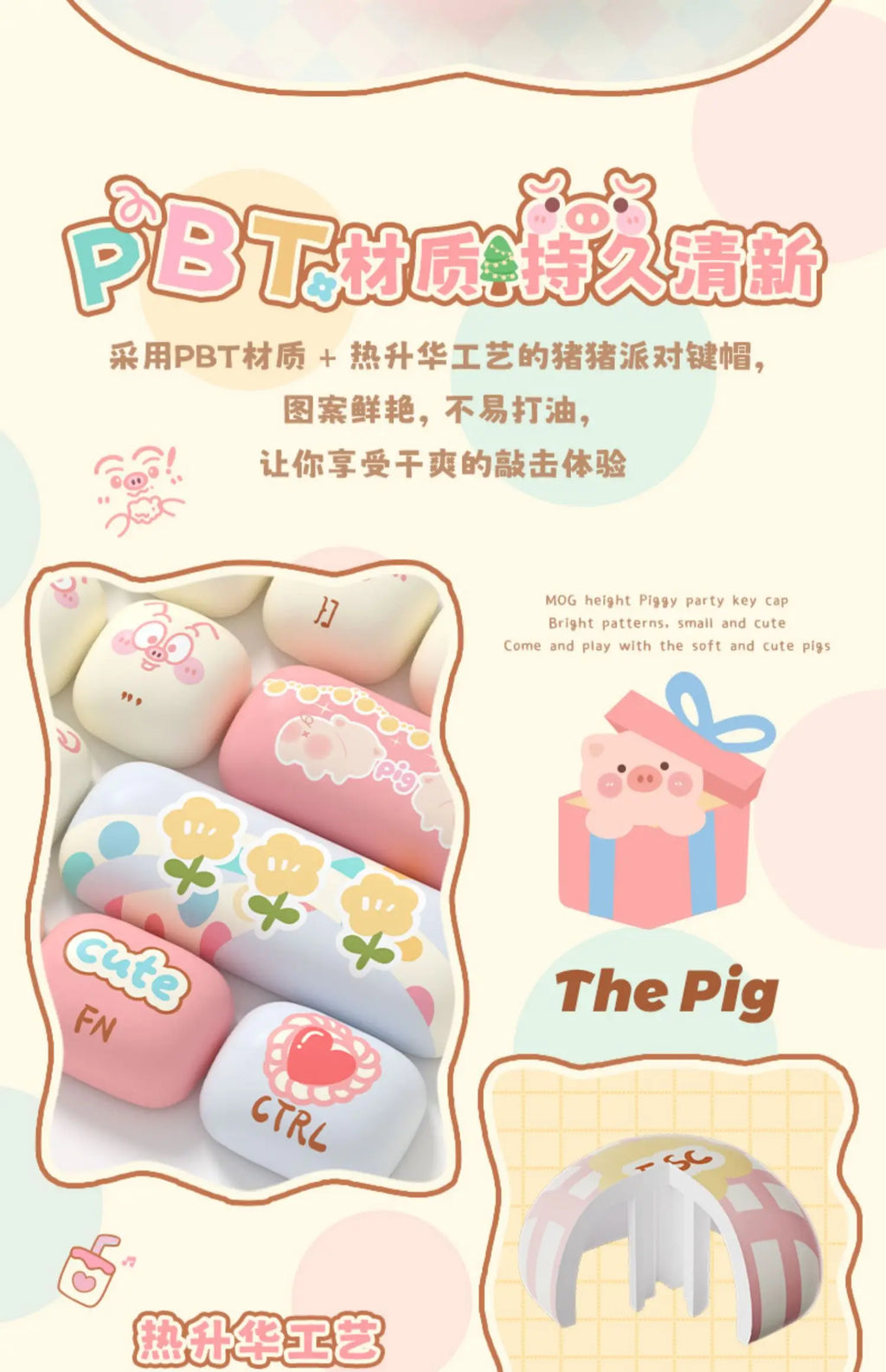 Akko Mog Moa Keycap Cute Thermal Pbt Sublimation Keycaps Mog Keycap Round Steamed Bun Mushroom Customizetion 138keys Keycap Gift