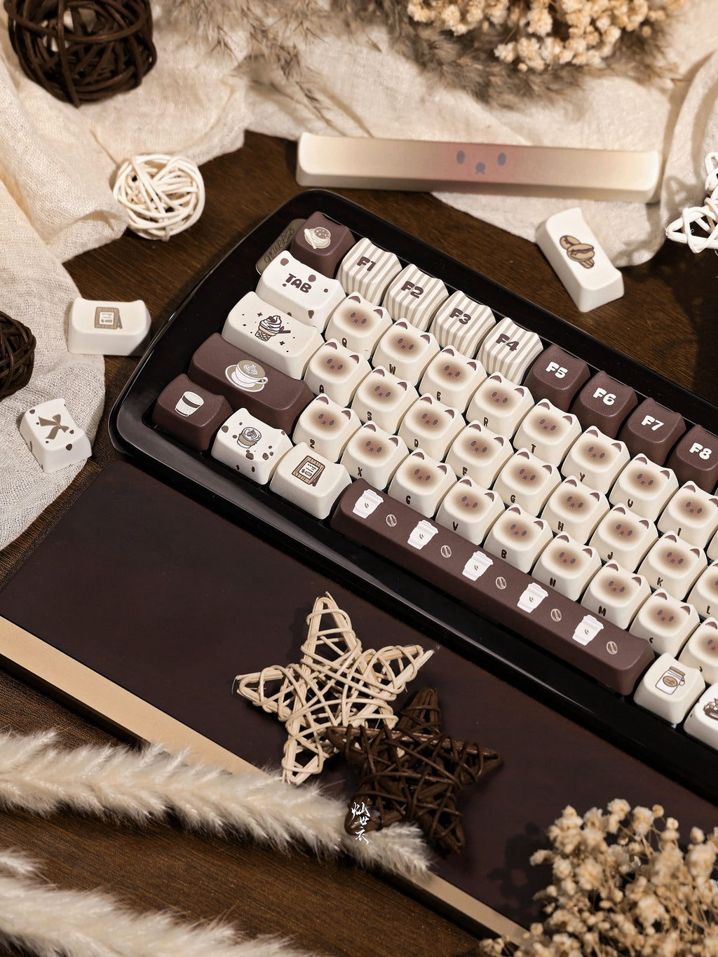 Siamese Cat Cafe Keycap Cherry MAO Profile Cute Cat Head PBT Keycaps Original White Brown Personalized Mechanical Keyboard Caps
