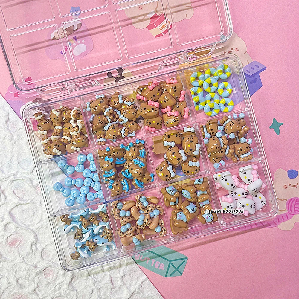 Boxed 120Pcs Kawaii Black Skin Sanrio Hello Kitty Nails Art Charms Accessories 3D Beach Bow Dolphin Resin Nails Decor Promotion