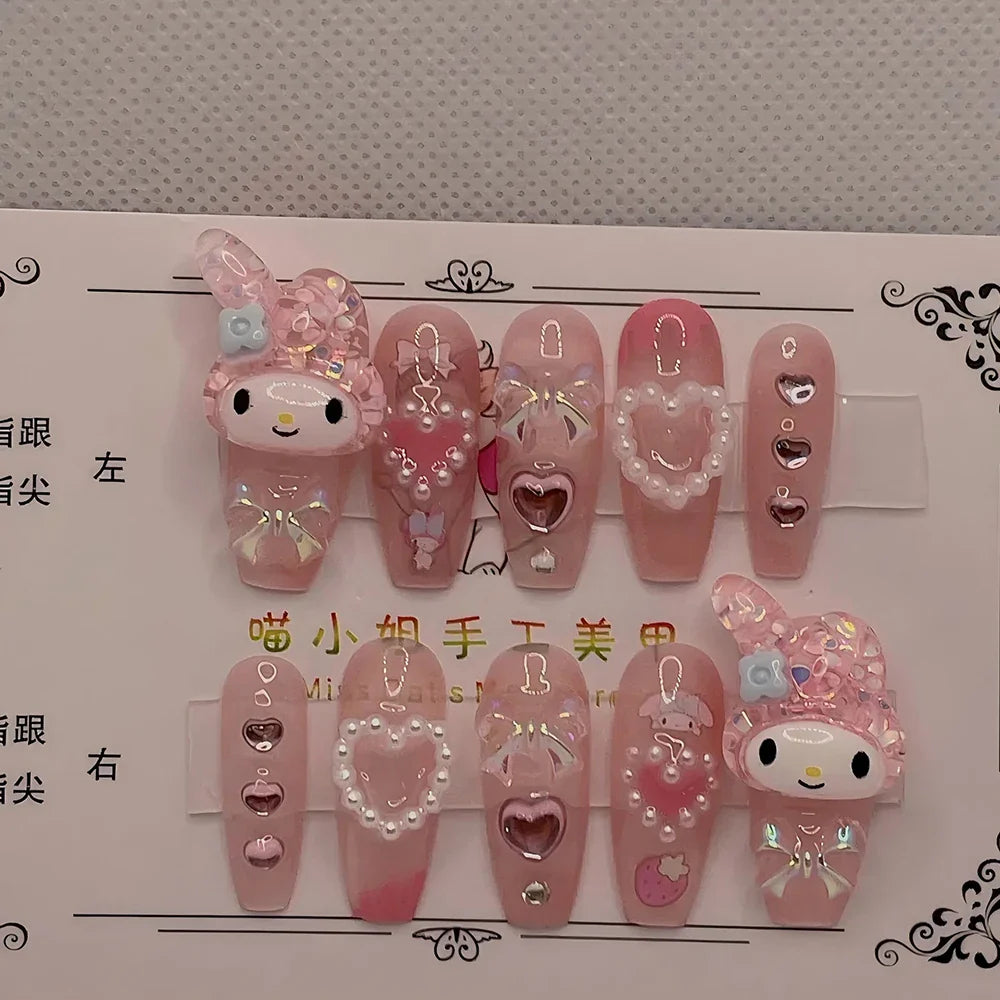 Cute Handmade Long Coffin Shape Fake Nail Kawaii Sanrio Hello Kitty Cinnamoroll Kuromi My Melody Detachable Nail Holiday Gift