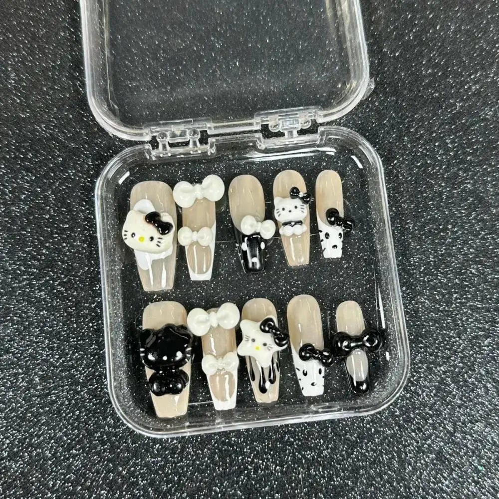 Cute 2024 Coffee Brown 3D Handmade Nail Art Sanrio Hello Kitty French Long Coffin Shape Star Kitty Full Coverage Removable Nails